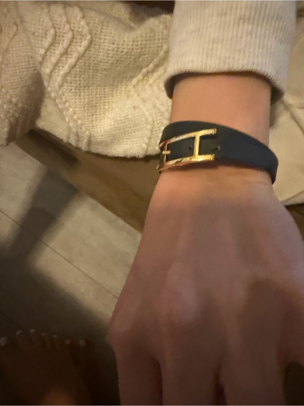 Hermes Black Behapi Double Tour Bracelet With Gold H Clasp
